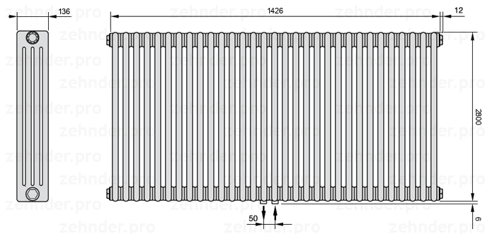 Схема (чертеж) Радиатор Zehnder Charleston 4280/31 №5410 Белый глянцевый RAL 9016